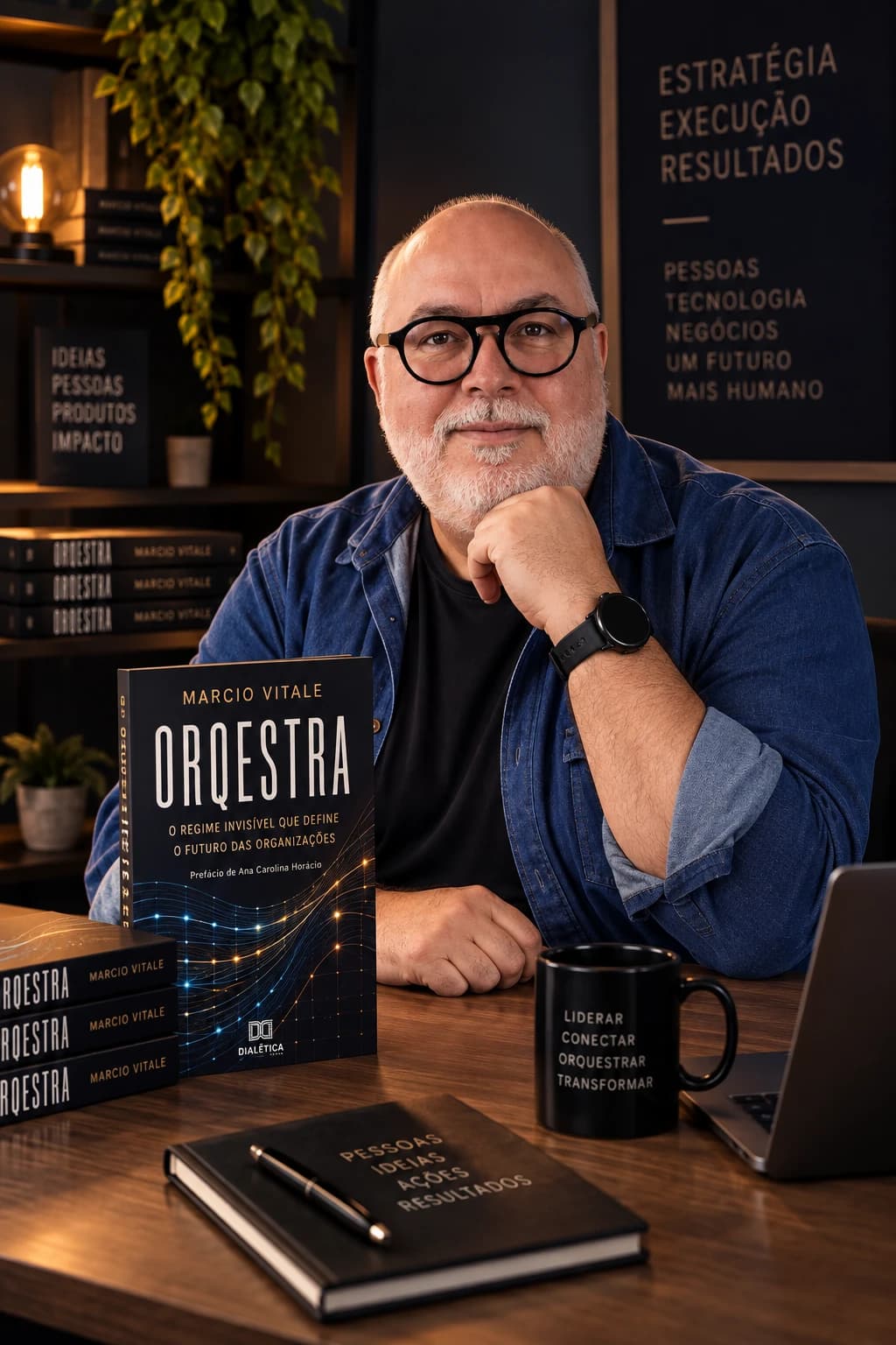 Marcio Vitale, sorrindo, com o queixo apoiado na mão, ao lado de um exemplar do livro ORQESTRA — O regime invisível que define o futuro das organizações, sobre uma mesa de madeira.